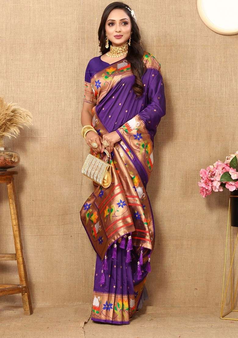 Purple Embroidered Blended Saree Set for Diwali and Festive Wear - Indya