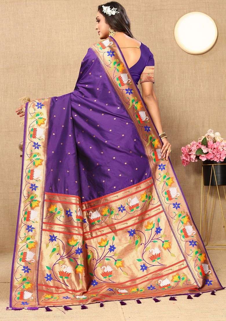 Purple Embroidered Blended Saree Set for Diwali and Festive Wear - Indya