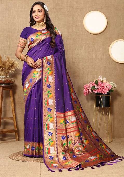 Purple Embroidered Blended Saree Set for Diwali and Festive Wear