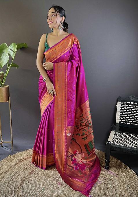 Magenta Embroidered Blended Saree Set
