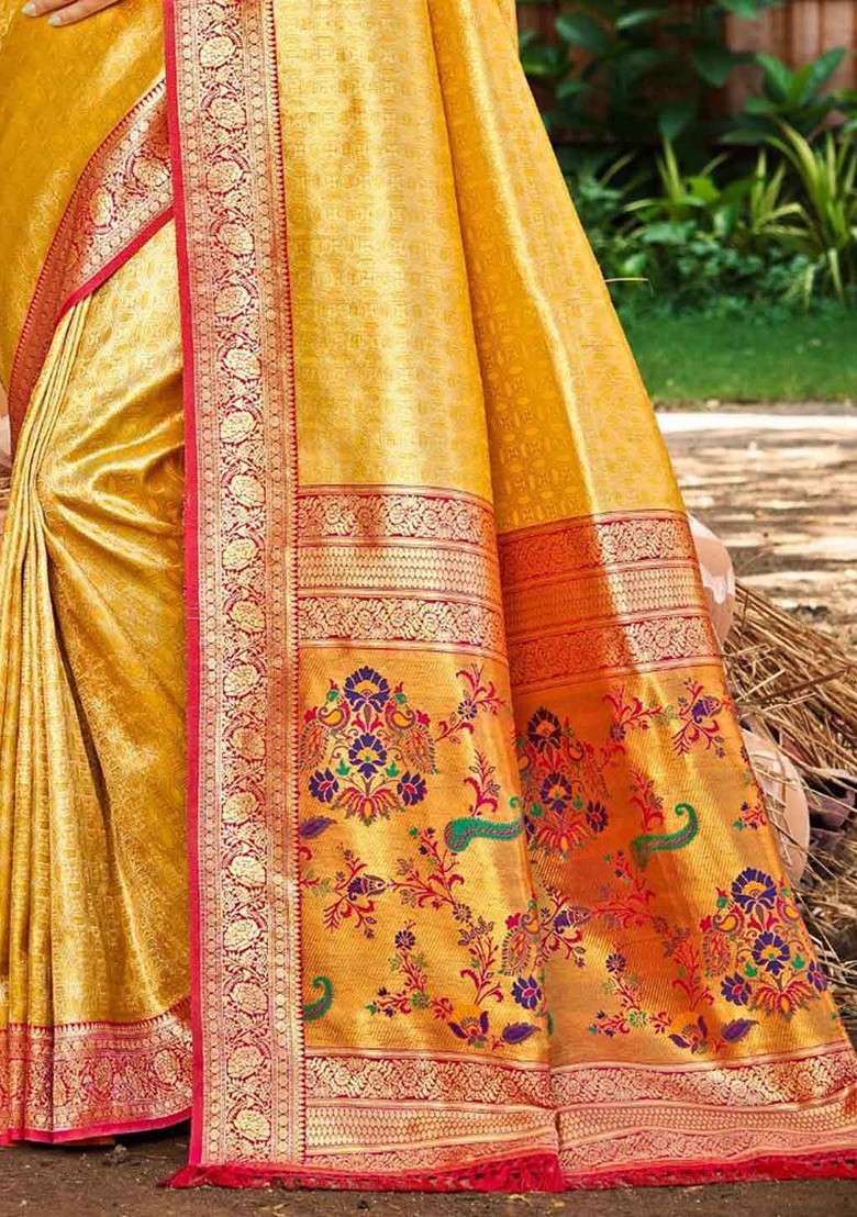 Yellow Blended Saree Set with Embroidered for Diwali | Wedding & Festive Wear - Indya