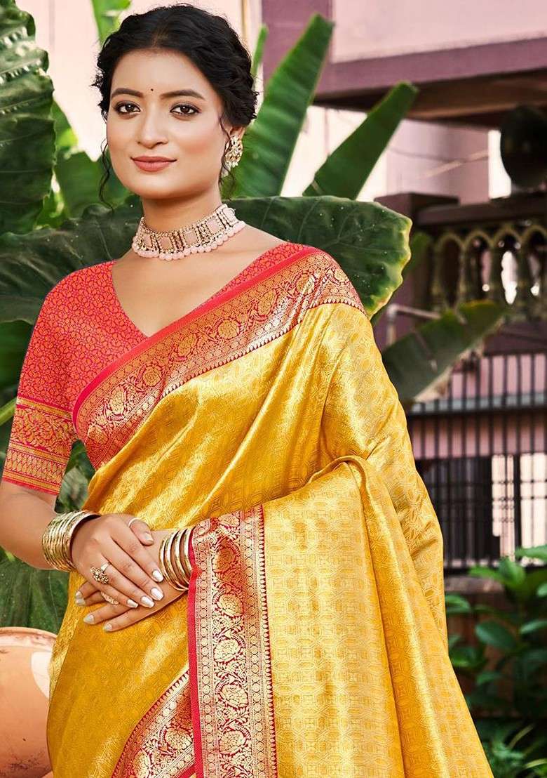 Yellow Blended Saree Set with Embroidered for Diwali | Wedding & Festive Wear - Indya