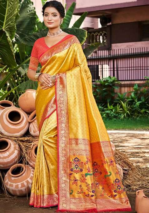 Yellow Blended Saree Set with Embroidered for Diwali | Wedding & Festive Wear
