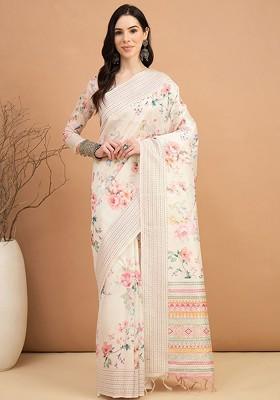 Off White Embroidered Blended Saree Set