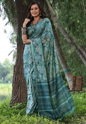 Teal Embroidered Blended Saree Set