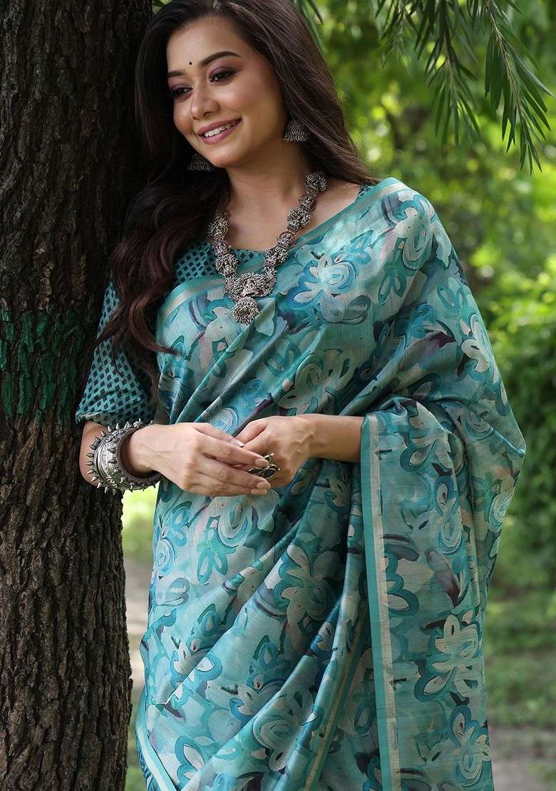 Teal Embroidered Blended Saree Set for Diwali and Festive Wear - Indya