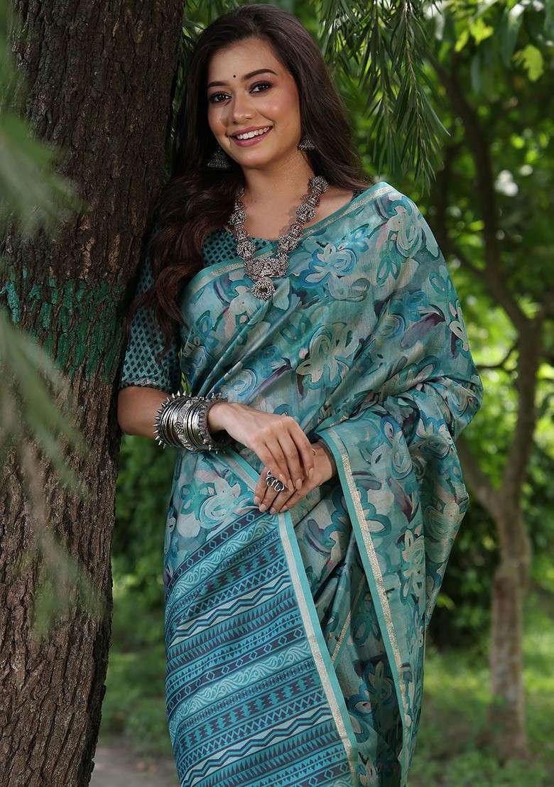 Teal Embroidered Blended Saree Set for Diwali and Festive Wear - Indya