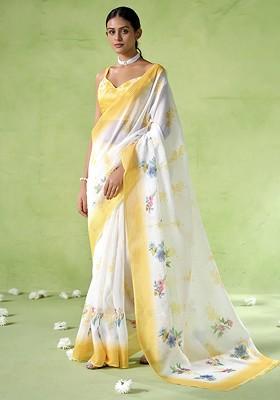 Off White Printed Blended Saree Set