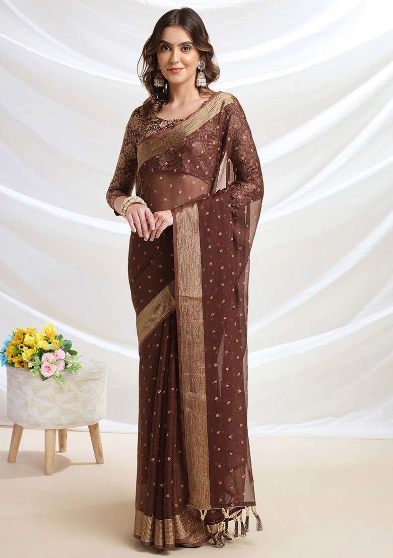 Coffee Brown Printed Blended Saree Set for Diwali and Festive Wear - Indya