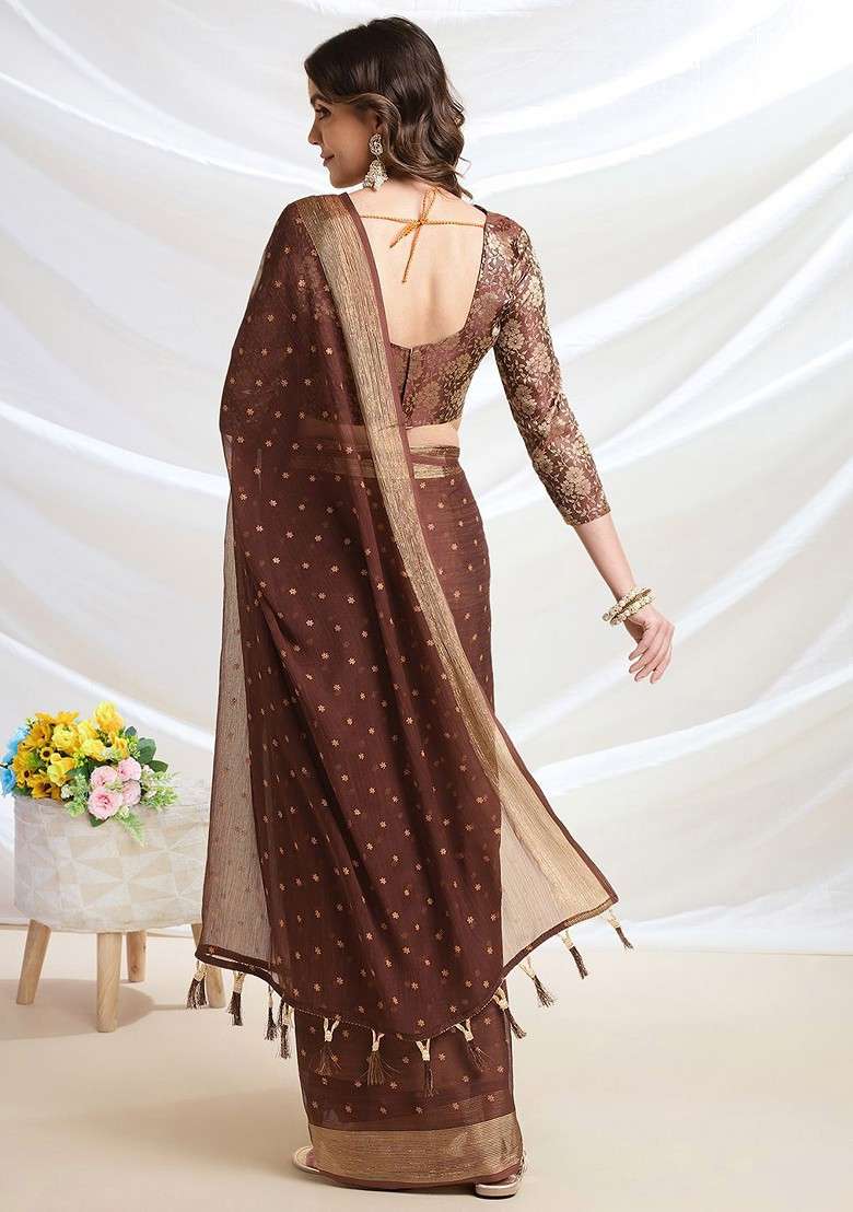 Coffee Brown Printed Blended Saree Set for Diwali and Festive Wear - Indya