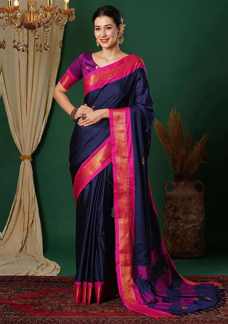 Navy Blue Embroidered Blended Saree Set - Indya