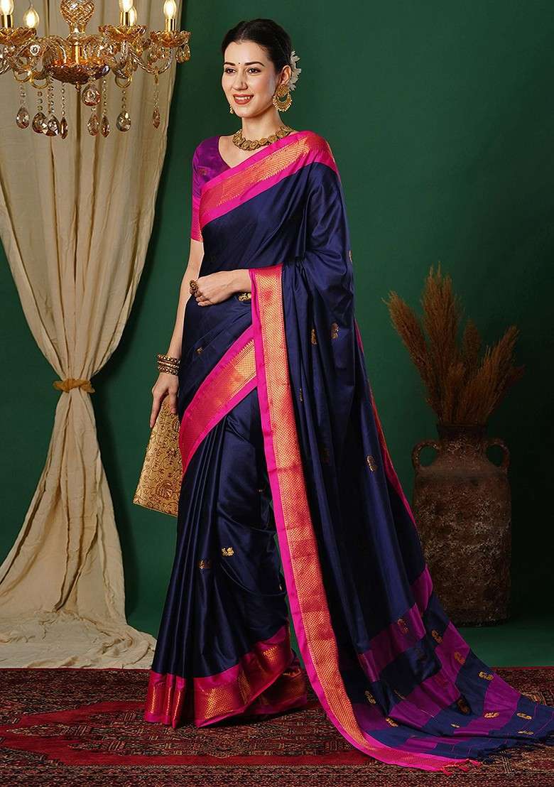 Navy Blue Embroidered Blended Saree Set - Indya