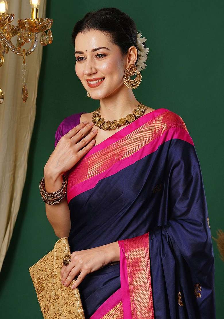 Navy Blue Embroidered Blended Saree Set - Indya