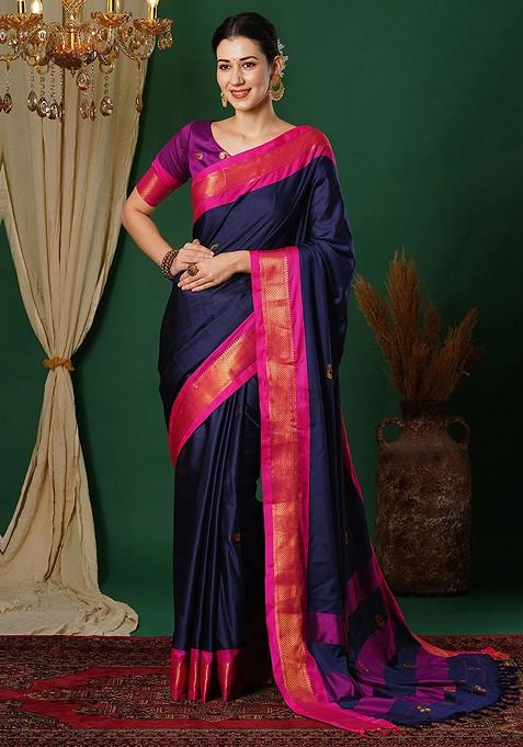 Navy Blue Embroidered Blended Saree Set