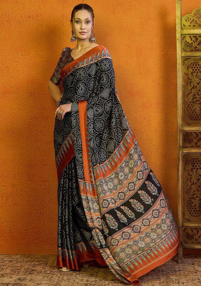 Black Printed Blended Saree Set for Diwali and Festive Wear - Indya