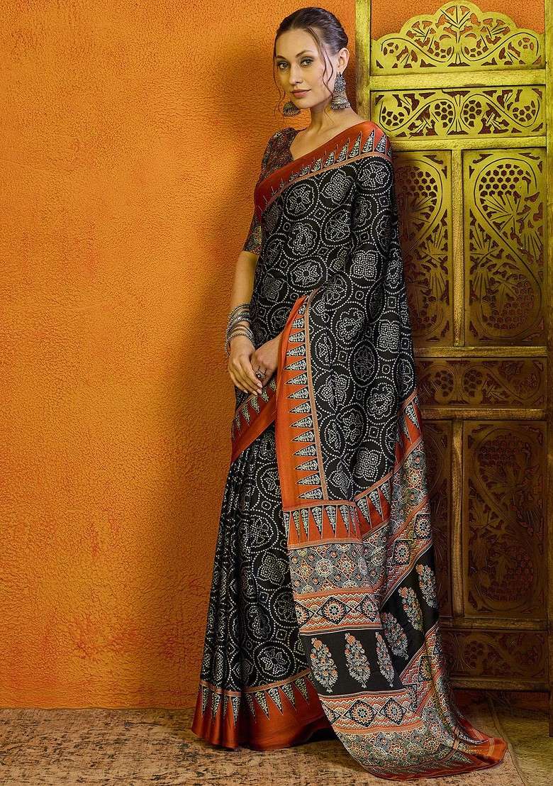 Black Printed Blended Saree Set for Diwali and Festive Wear - Indya