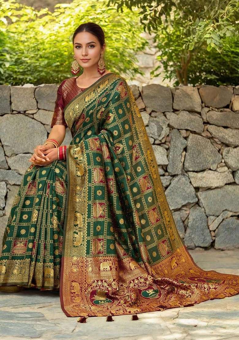 Green Embroidered Blended Saree Set - Indya