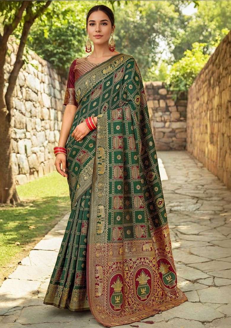 Green Embroidered Blended Saree Set - Indya
