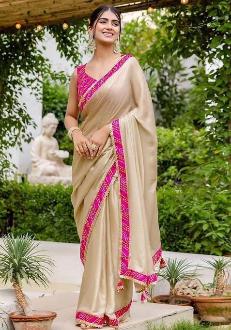 Beige Embroidered Blended Saree Set
