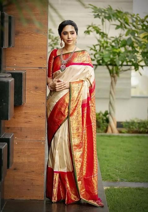 Beige Embroidered Blended Saree Set