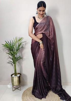 Purple Embroidered Blended Saree Set