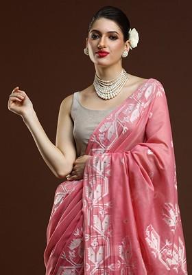 Pink Embroidered Blended Saree Set