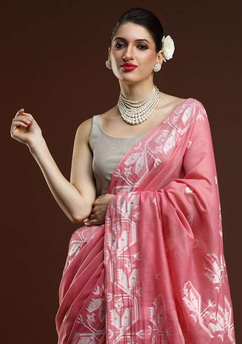 Pink Embroidered Blended Saree Set - Indya