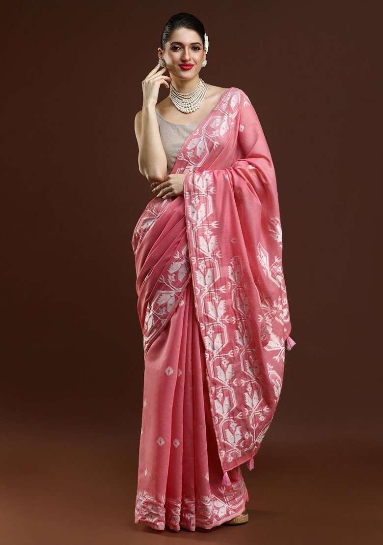 Pink Embroidered Blended Saree Set - Indya