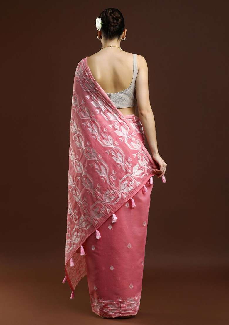 Pink Embroidered Blended Saree Set - Indya