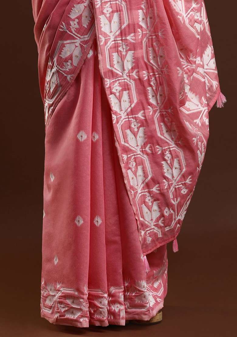 Pink Embroidered Blended Saree Set - Indya