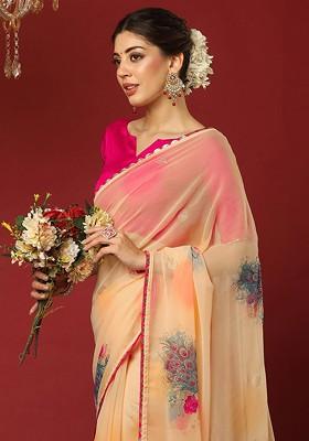 Cream Printed Blended Saree Set