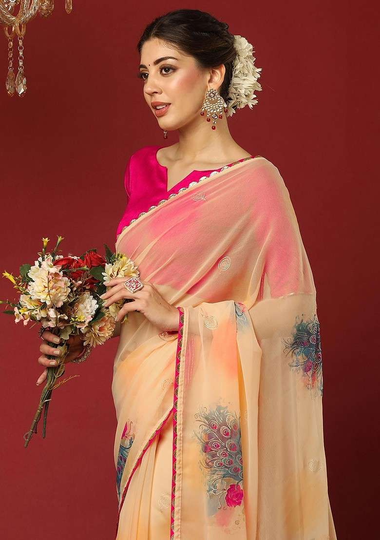 Cream Printed Blended Saree Set for Diwali and Festive Wear - Indya