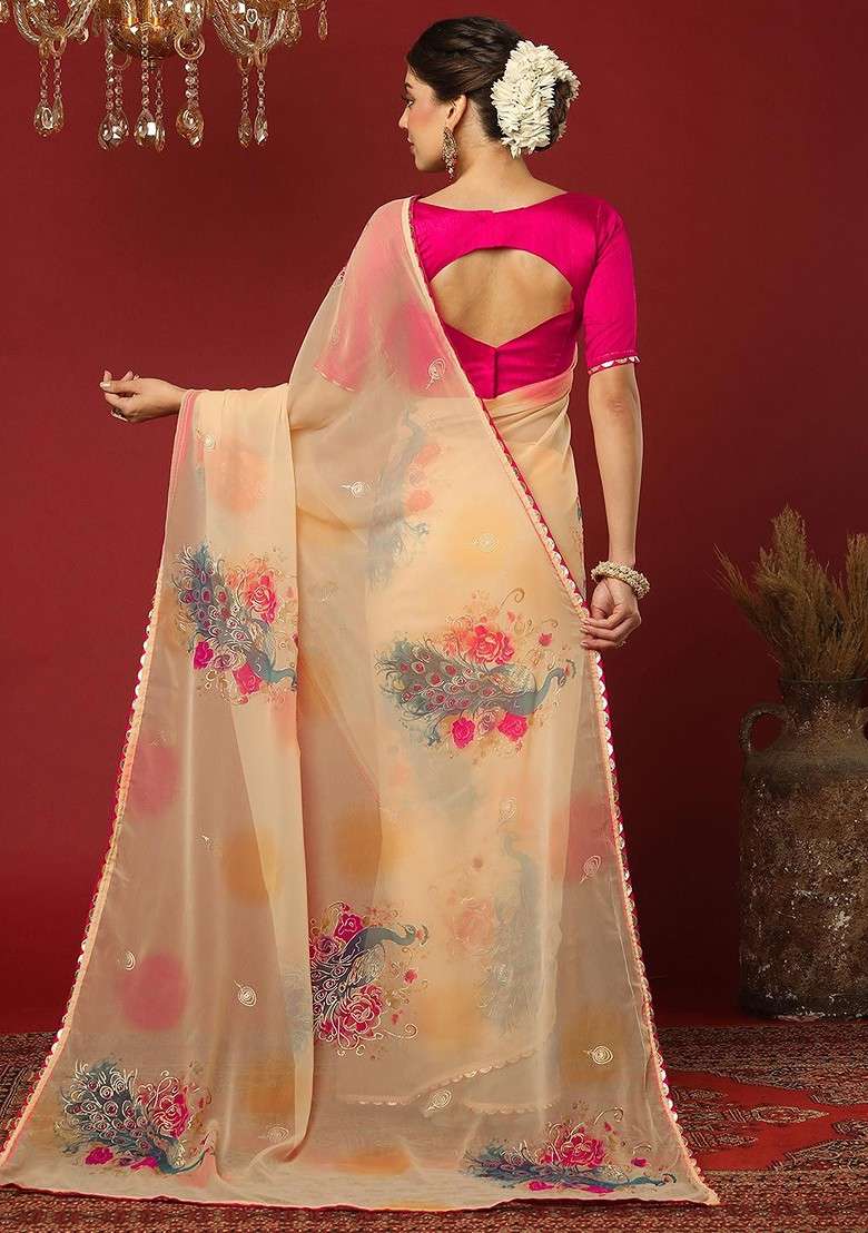 Cream Printed Blended Saree Set for Diwali and Festive Wear - Indya