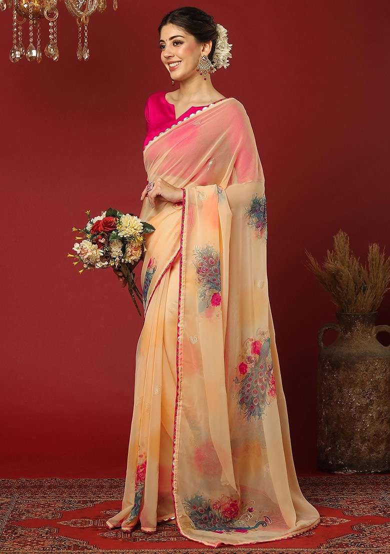 Cream Printed Blended Saree Set for Diwali and Festive Wear - Indya