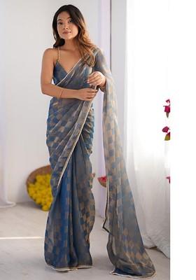 Blue Printed Blended Saree Set