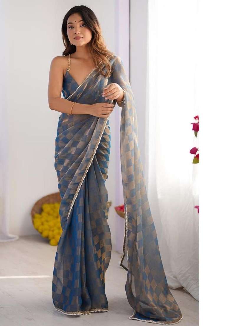 Blue Printed Blended Saree Set - Indya