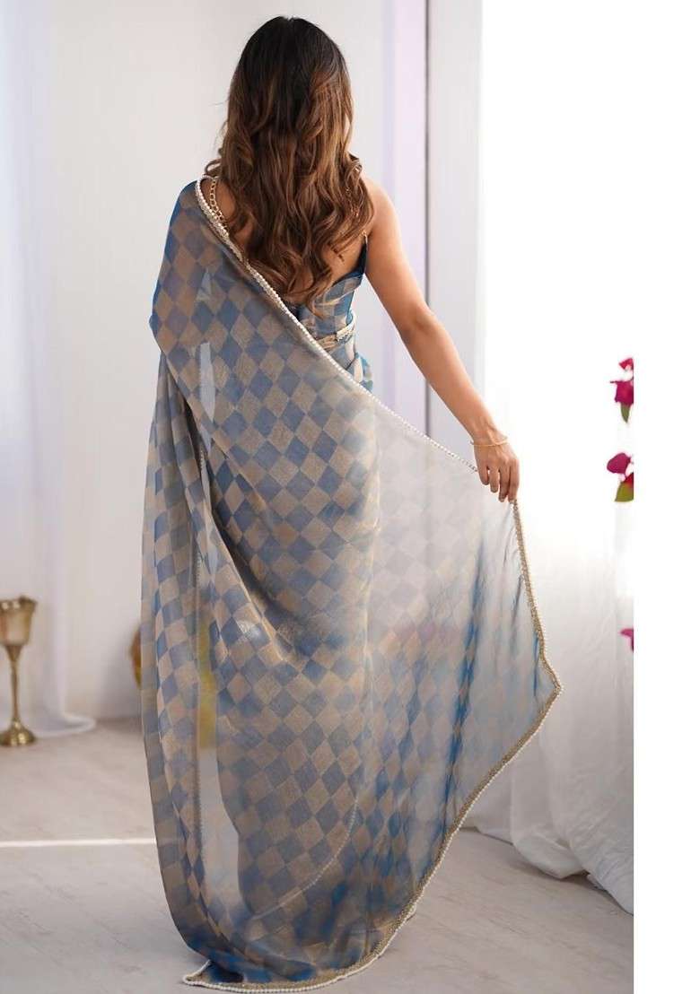 Blue Printed Blended Saree Set - Indya