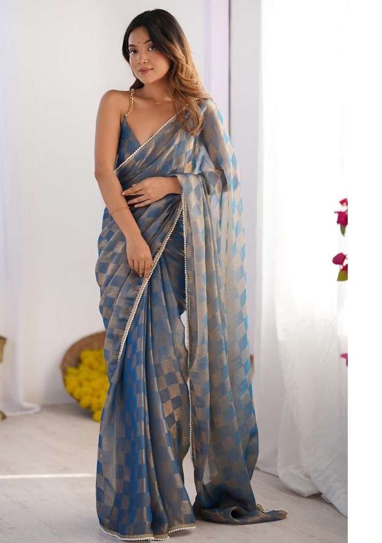 Blue Printed Blended Saree Set - Indya