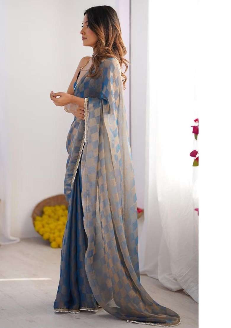 Blue Printed Blended Saree Set - Indya