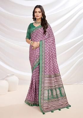 Pink Printed Blended Saree Set