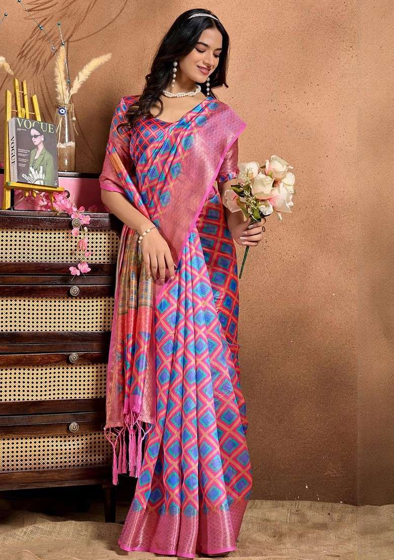 Blue Printed Blended Saree Set - Indya