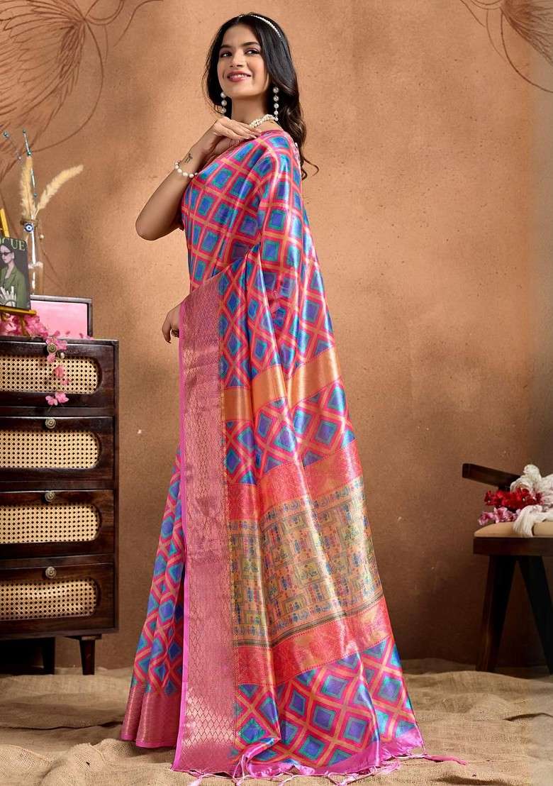 Blue Printed Blended Saree Set - Indya