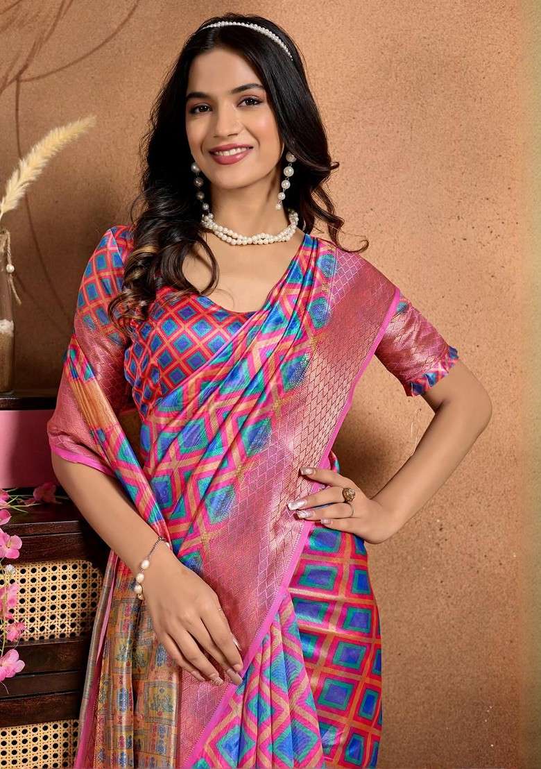 Blue Printed Blended Saree Set - Indya