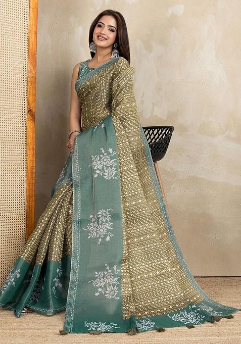Green Printed Blended Saree Set