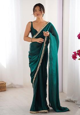 Teal Embroidered Blended Saree Set