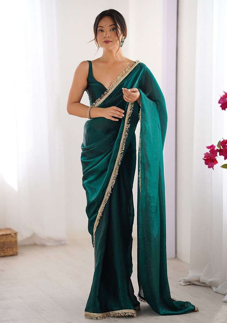 Teal Embroidered Blended Saree Set for Diwali and Festive Wear - Indya