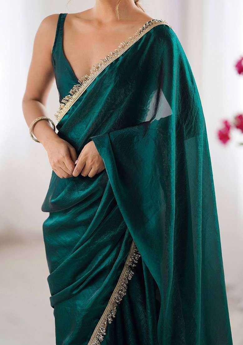 Teal Embroidered Blended Saree Set for Diwali and Festive Wear - Indya