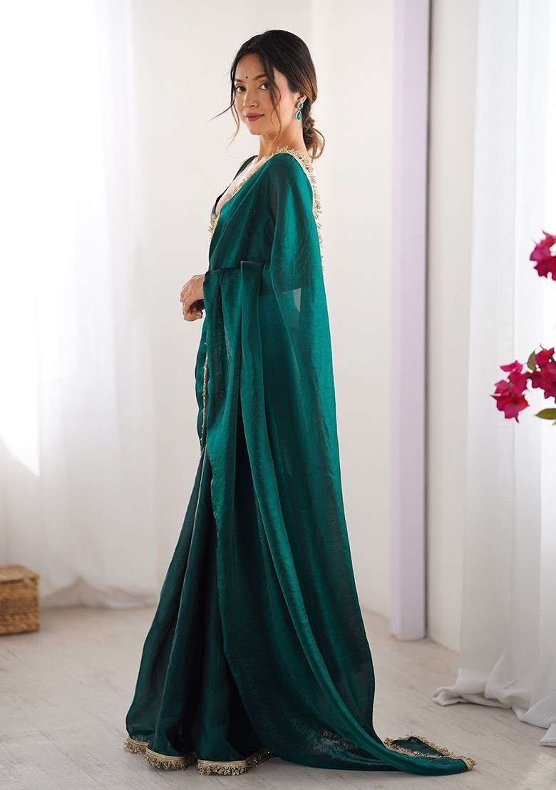 Teal Embroidered Blended Saree Set for Diwali and Festive Wear - Indya