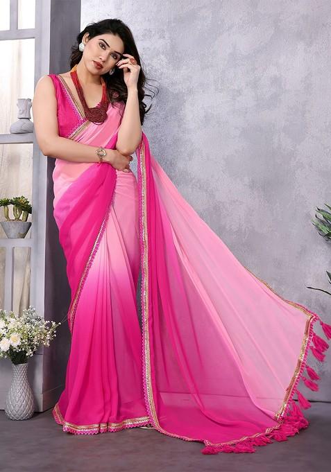 Pink Embroidered Blended Saree Set