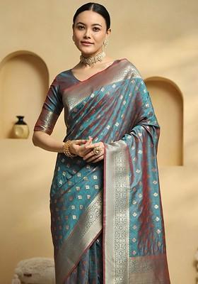 Teal Embroidered Blended Saree Set
